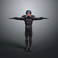 Man In Futuristic Black Armor With Red Shoulders Displaying Arms Outstretched On Gray Background