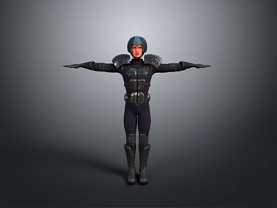 Man In Futuristic Black Armor With Red Shoulders Displaying Arms Outstretched On Gray Background 3d model
