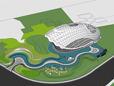 Modern Sales Office Building with Unique Curved Shape and Water Feature in Green Landscape 3d model