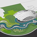 Modern Sales Office Building with Unique Curved Shape and Water Feature in Green Landscape
