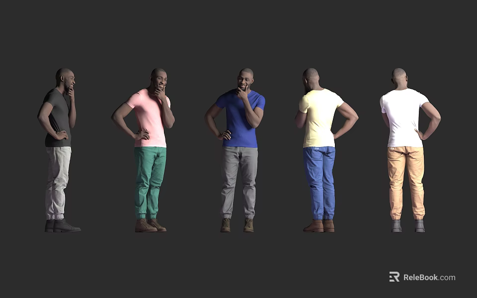 Man in Various Colored T Shirts and Pants Standing in Different Poses 3d model 