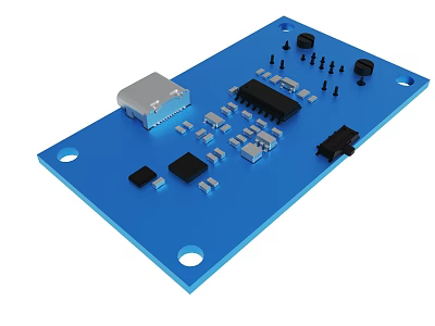Blue Circuit Board With Various Electronic Components Chips And Connectors 3d model