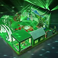 Vibrant Green Lit Children's Playground Stage With Castle Decorations Trees And Gift Boxes