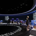 Modern Exhibition Hall Interior With Curved Lighting Display Cases And Musical Instruments