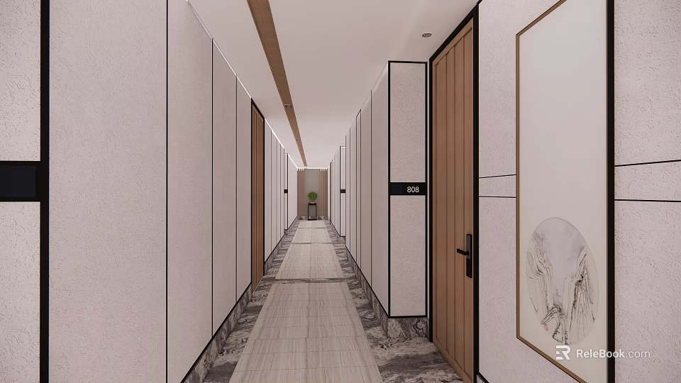 Modern Hotel Corridor Featuring Wooden Doors Decorative Paintings And Light Colored Floor Tiles 3d model 
