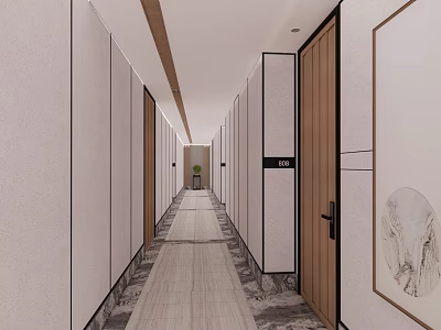 Modern Hotel Corridor Featuring Wooden Doors Decorative Paintings And Light Colored Floor Tiles 3d model