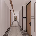 Modern Hotel Corridor Featuring Wooden Doors Decorative Paintings And Light Colored Floor Tiles