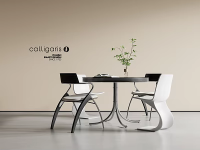 Modern Black And White Table With Chairs And Potted Plant In Interior 3d model