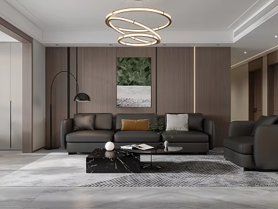 Modern Living And Dining Room Interior With Black Sofa Coffee Table And Circular Pendant Light 3d model