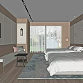 Elegant Hotel Guest Room with Wooden Decor Twin Beds Floral Painting and Garden View Window