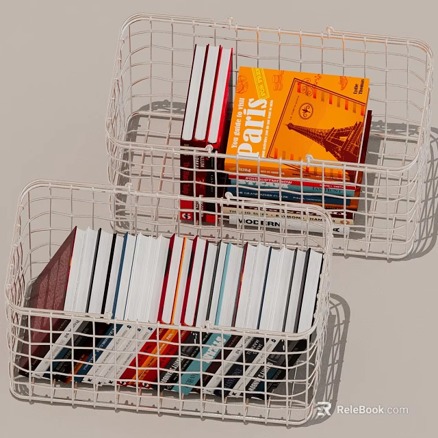 White Wire Baskets Holding Organized Books With Colorful Covers And Paris Themed Design 3d model 