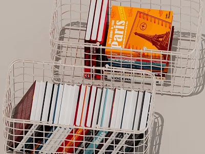 White Wire Baskets Holding Organized Books With Colorful Covers And Paris Themed Design 3d model