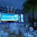 Elegant Stage Design With Large Screen Lighting Dining Tables And Palm Tree 3d model
