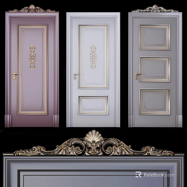 Elegant Hinged Doors In Purple Light Gray Dark Gray With Golden Decorative Trim 3d model 