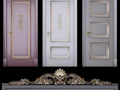 Elegant Hinged Doors In Purple Light Gray Dark Gray With Golden Decorative Trim 3d model