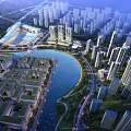 Aerial Urban Planning Including River High Rise Buildings And Green Spaces