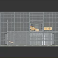 Modern Architectural Structure With Metal Grid Yellow Seats And Red Base Design