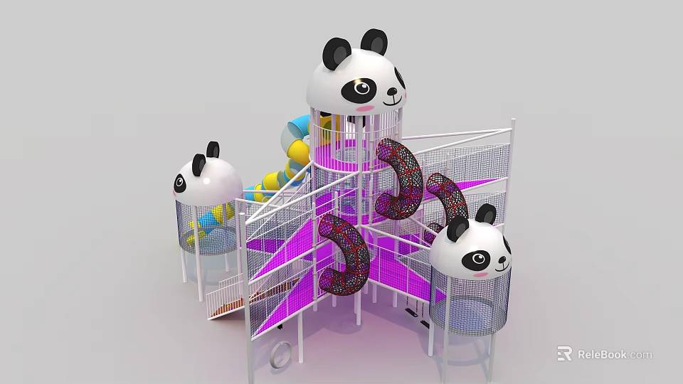 Panda Themed Children's Playground Structure With Colorful Slides And Climbing Nets 3d model 
