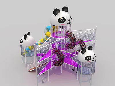 Panda Themed Children's Playground Structure With Colorful Slides And Climbing Nets 3d model