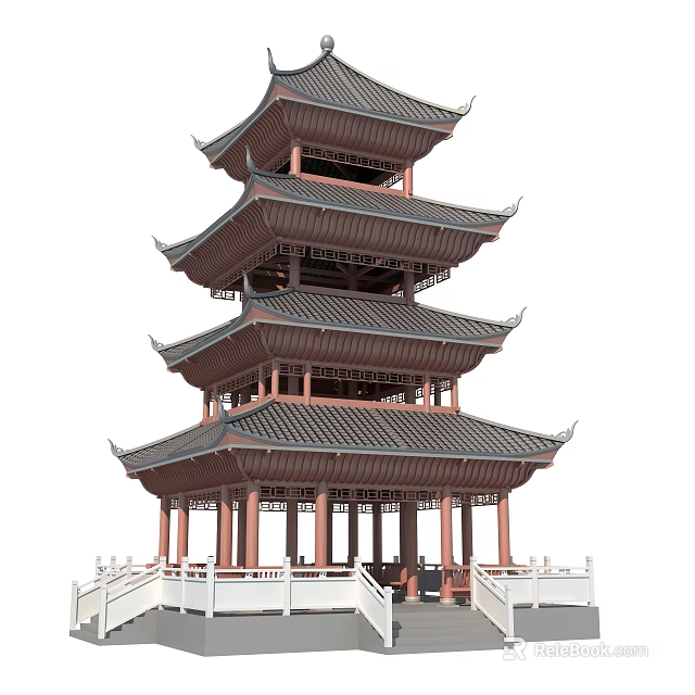 Traditional Chinese Five Story Pagoda With Curved Eaves Hanging Bells And Tile Roof 3d model 