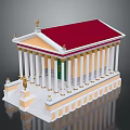 Classical Temple Model With Red Roof White Columns And Golden Decorations Standing Statue Detail