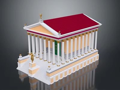 Classical Temple Model With Red Roof White Columns And Golden Decorations Standing Statue Detail 3d model