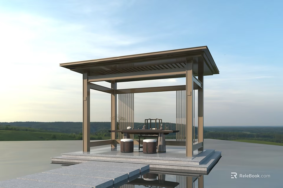 Modern Garden Pavilion With Wooden Slatted Roof On Waterfront Stone Platform Overlooking Open Green Landscape 3d model 