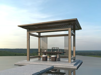 Modern Garden Pavilion With Wooden Slatted Roof On Waterfront Stone Platform Overlooking Open Green Landscape 3d model