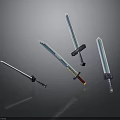 Various Designed Swords Featuring Different Hilts Blades And Blue Glow On Dark Reflective Background