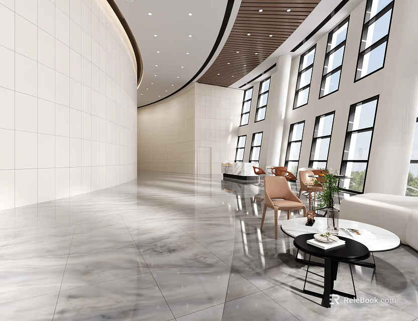 Modern Interior Design With Curved Wall Large Windows Marble Floor White Sofa Brown Chairs Plants 3d model 