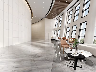 Modern Interior Design With Curved Wall Large Windows Marble Floor White Sofa Brown Chairs Plants 3d model