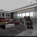 Spacious Living and Dining Room Interior With Red Sofa Coffee Table Large Windows and Bookshelf