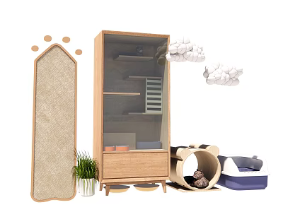 Home Living Items Wooden Glass Cabinet Woven Decor Board Small Plant And Pet Beds 3d model