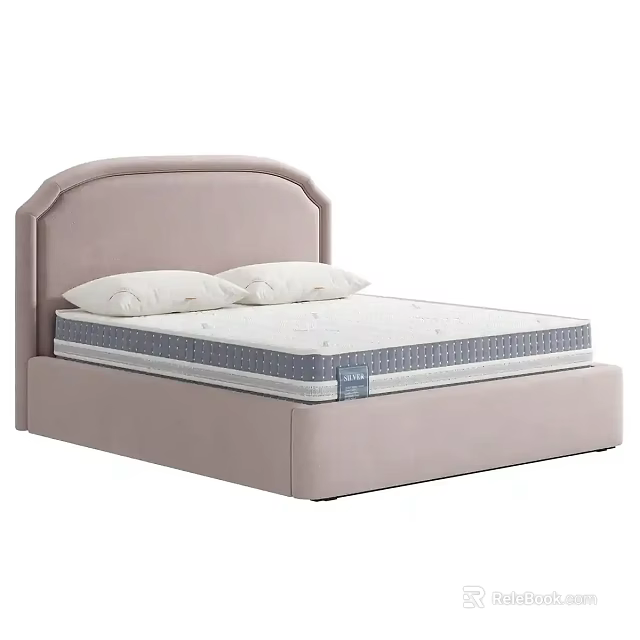 Modern Minimalist Double Bed With Pink Upholstered Headboard And White Mattress 3d model 