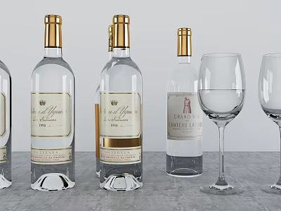 Elegant Transparent Wine Bottles and Glasses with Gold Caps Labels on Gray Surface 3d model