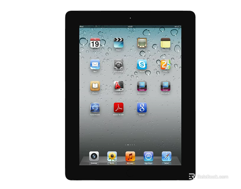 Black Frame Tablet Display With App Icons And Water Droplets On Gray Background 3d model 