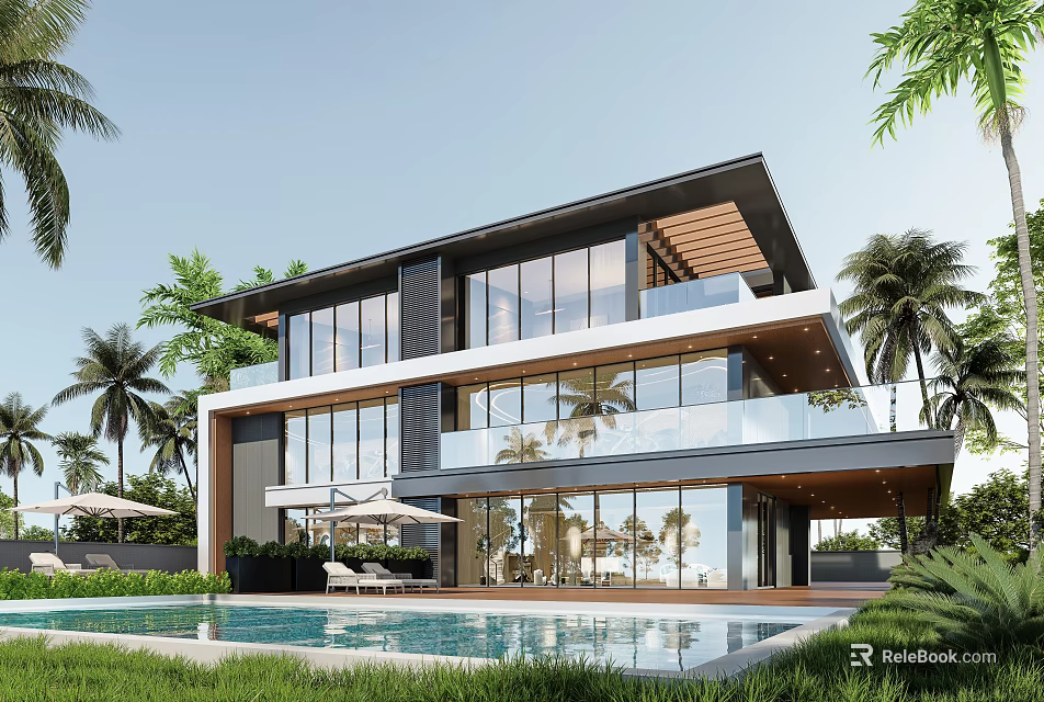 Luxury Modern Detached Villa With Swimming Pool Palm Trees And Large Windows 3d model 