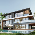 Luxury Modern Detached Villa With Swimming Pool Palm Trees And Large Windows