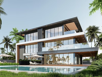 Luxury Modern Detached Villa With Swimming Pool Palm Trees And Large Windows 3d model