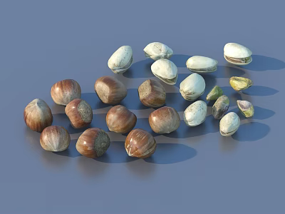 Organic Hazelnuts And Pistachios Scattered On Blue Surface Close Up View 3d model
