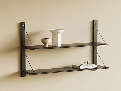 Black Floating Wall Shelves Displaying Vase Bowl Book And Box On Beige Wall 3d model