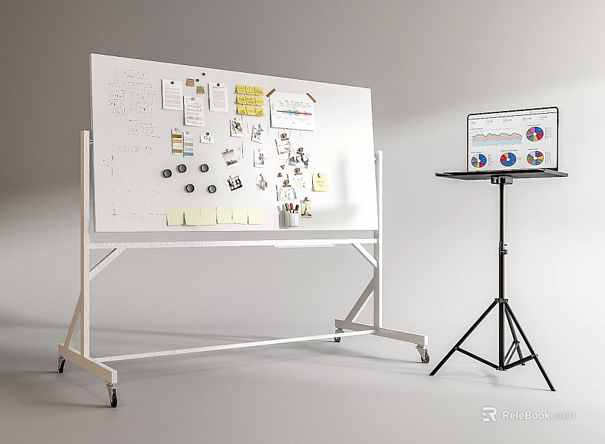 Creative Planning Whiteboard With Musical Instruments Art Supplies Notes Images And Laptop Stand 3d model 