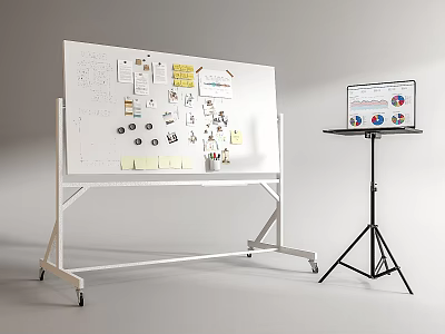 Creative Planning Whiteboard With Musical Instruments Art Supplies Notes Images And Laptop Stand 3d model