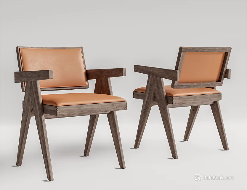 Two Modern Dining Chairs With Armrests Wooden Frame And Brown Leather Upholstery 3d model 