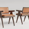 Two Modern Dining Chairs With Armrests Wooden Frame And Brown Leather Upholstery