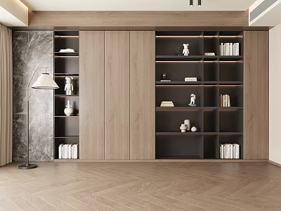 Modern Wooden Open Design Bookcase With Books Decorative Items Marble Wall And Wooden Floor 3d model
