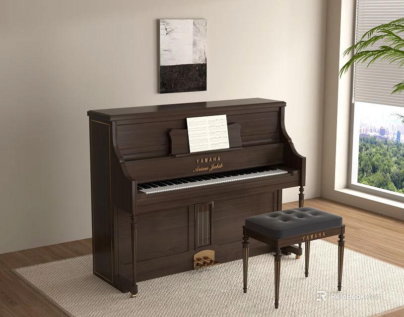 Elegant Yamaha Piano With Music Sheet And Wall Painting In Room With Window Plant And Stool 3d model 