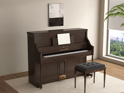 Elegant Yamaha Piano With Music Sheet And Wall Painting In Room With Window Plant And Stool 3d model