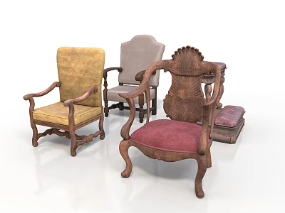 Vintage Wooden Table And Chair Set With Carved Details And Colored Cushions 3d model