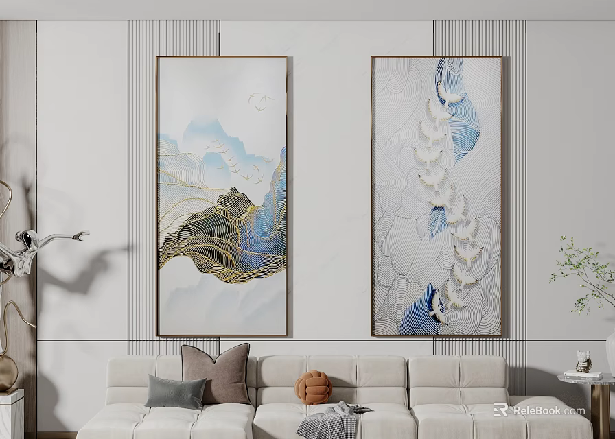 Modern Minimalist Living Room With Two Decorative Paintings Featuring Mountain And Cloud Elements 3d model 